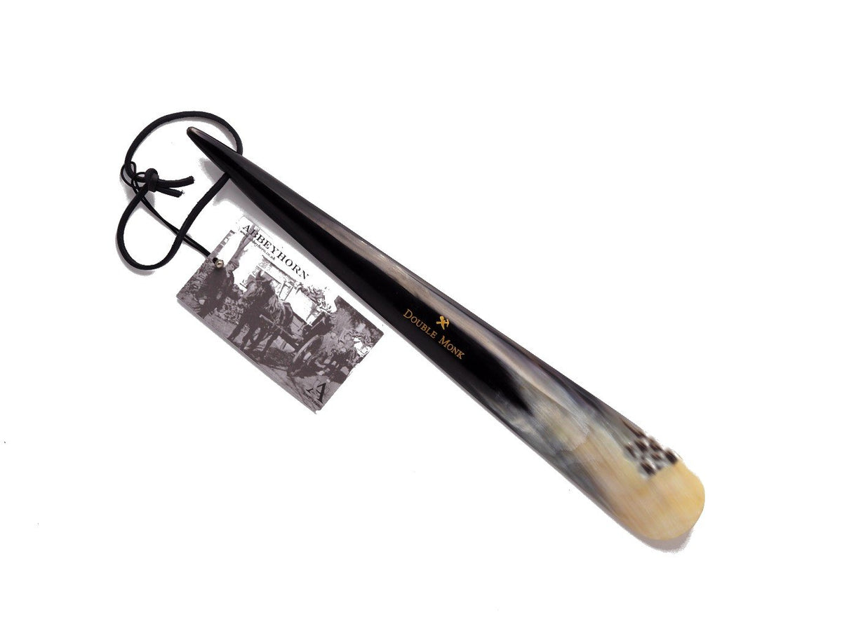 Back view of Abbeyhorn 14 inch tip end shoe horn showing Double Monk logo