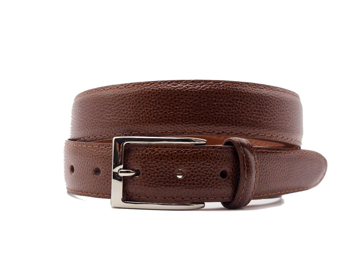 Front view of Alden brown alpine grain belt with nickel buckle