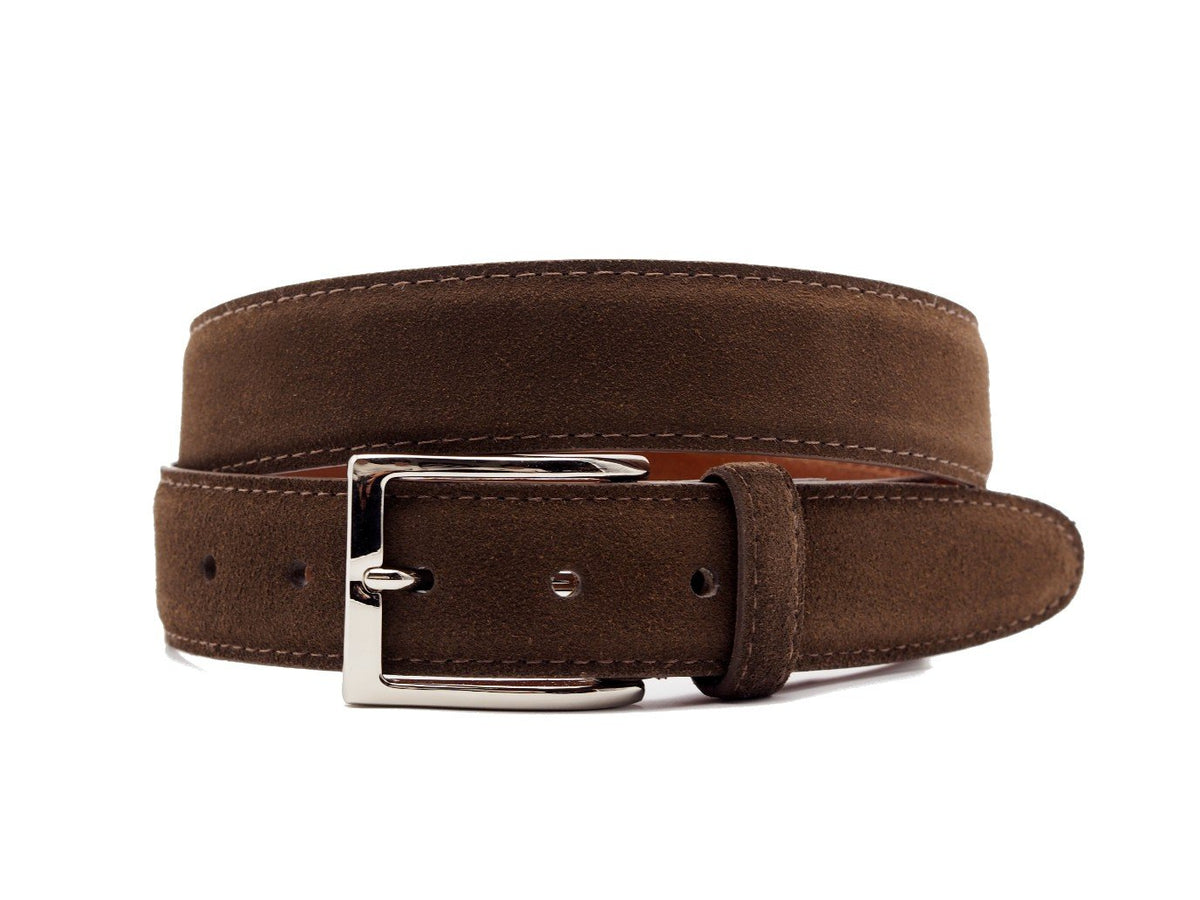 Front view of Alden brown suede belt with nickel buckle