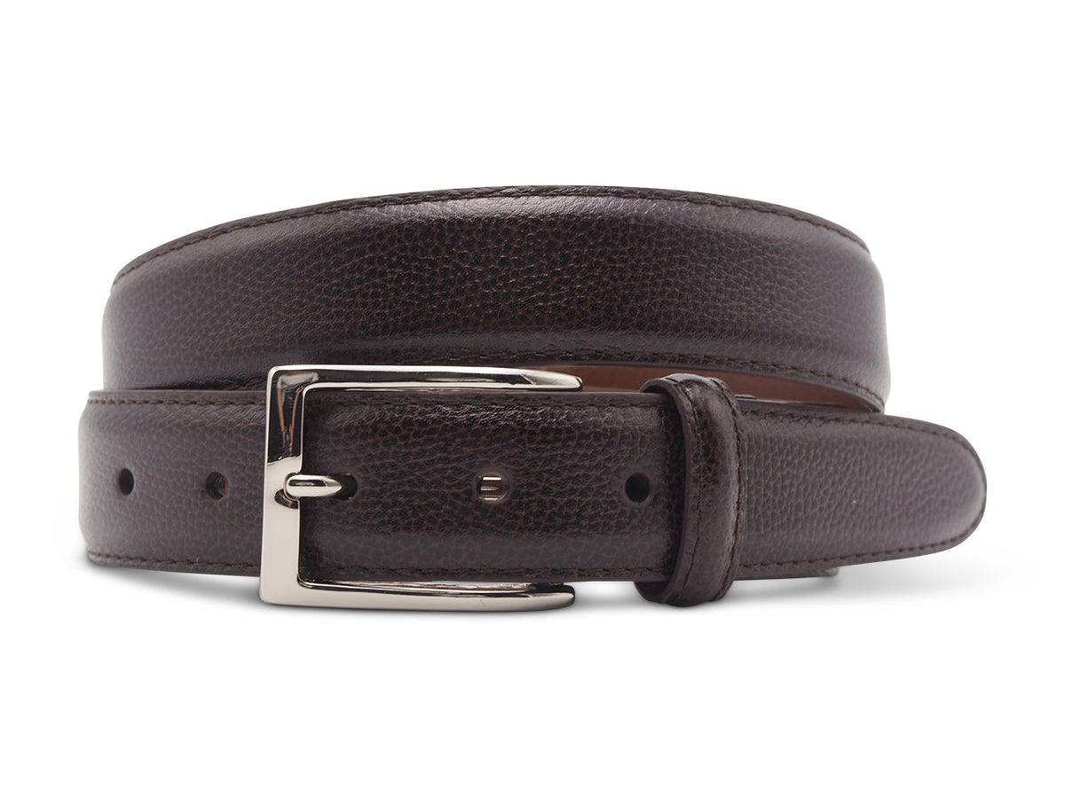 Front view of Alden dark brown alpine grain belt with nickel buckle