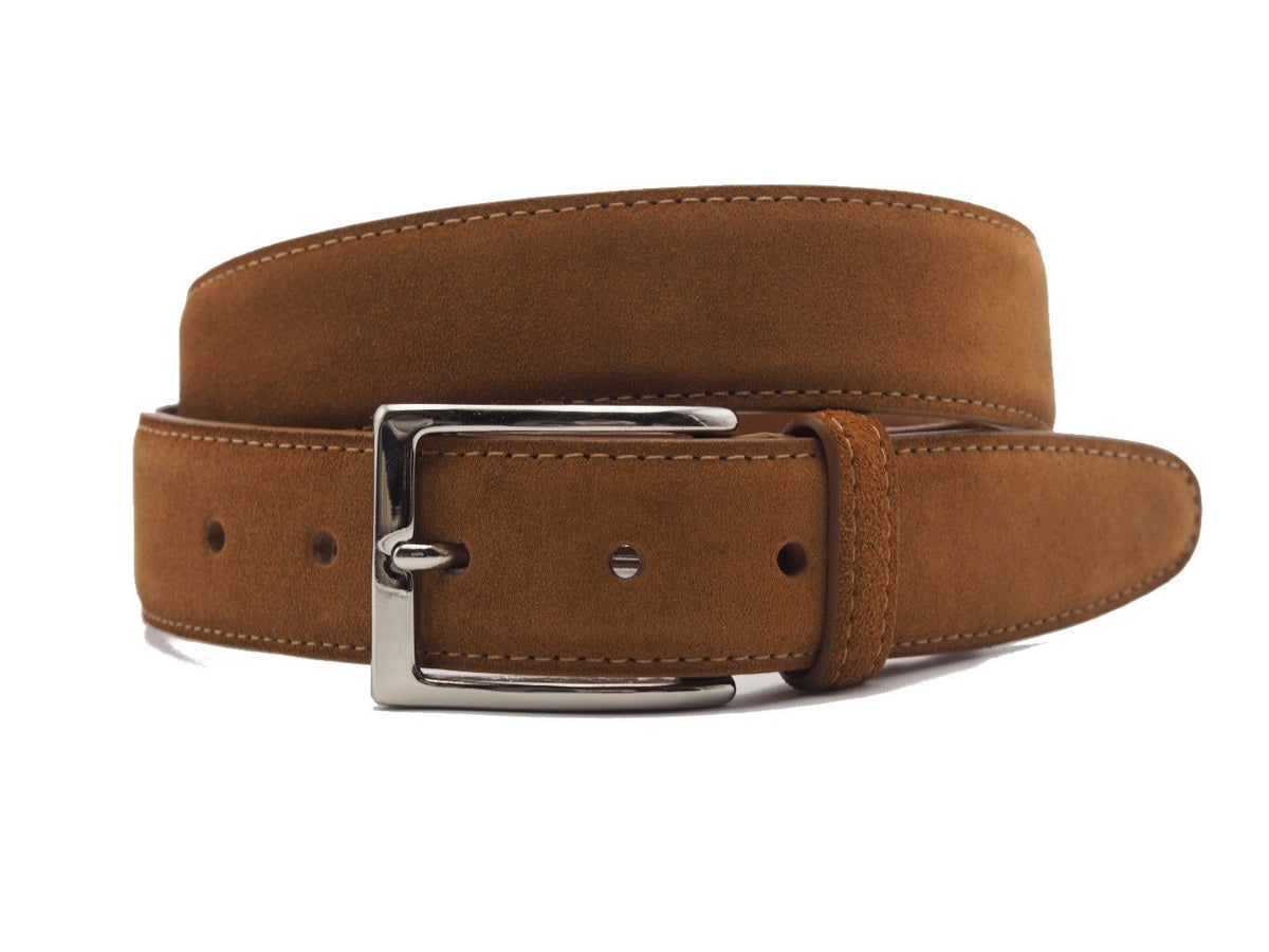 Front view of Alden snuff suede belt with nickel buckle