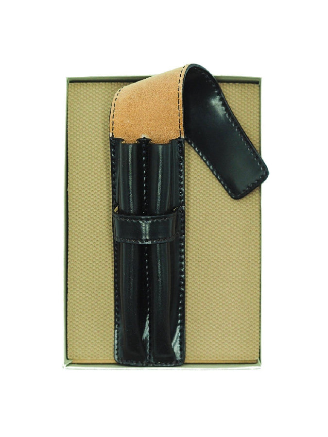 Alden pen case in black shell cordovan inside of box