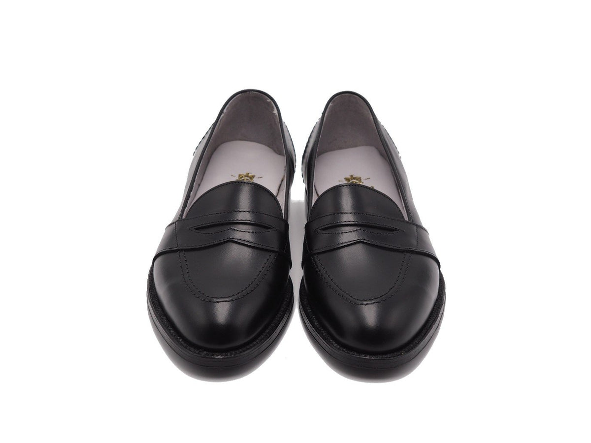 Front view of Alden full strap penny loafer in black calf