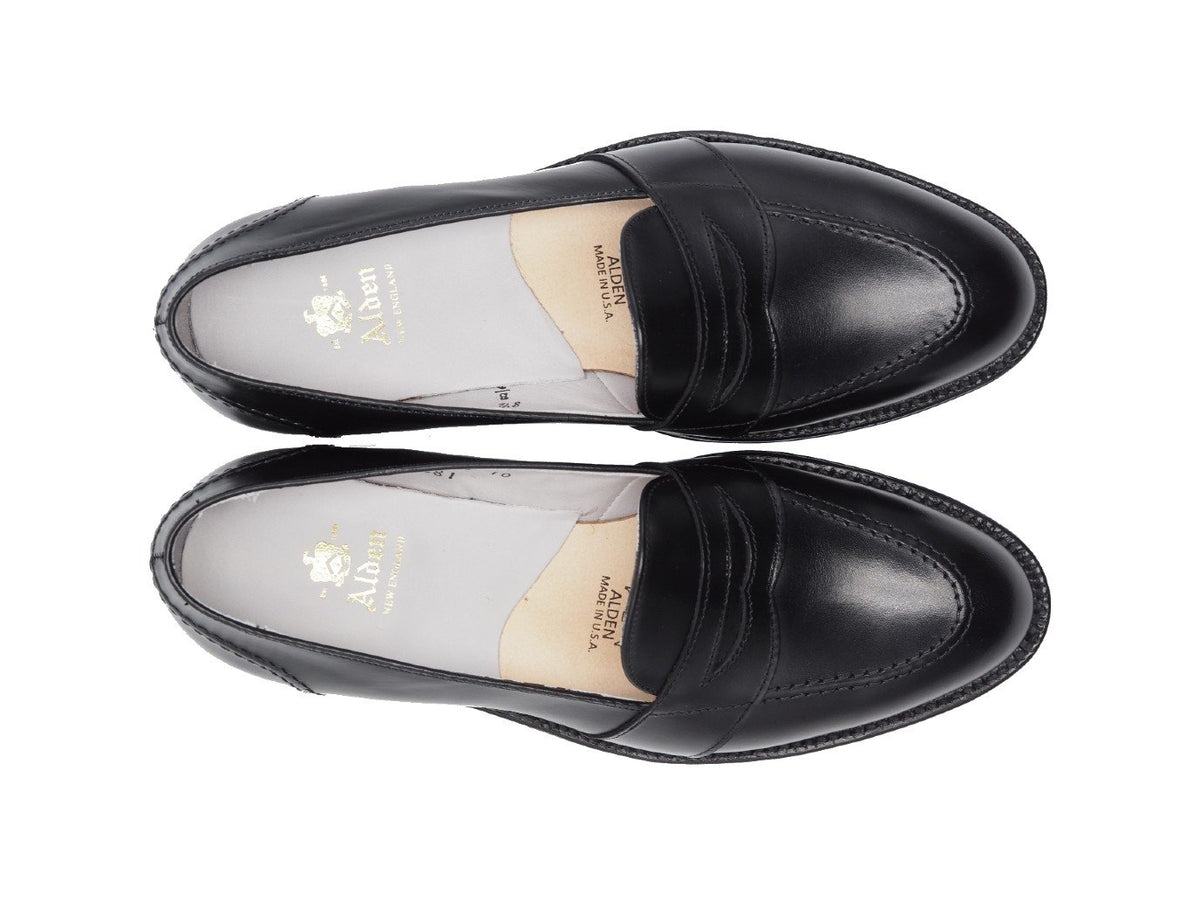 Top view of Alden full strap penny loafer in black calf