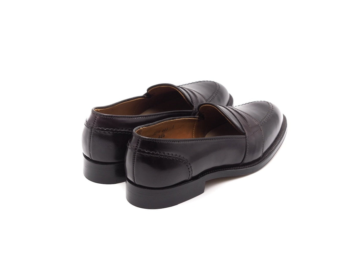 Back angle view of Alden full strap penny loafer in color 8 shell cordovan