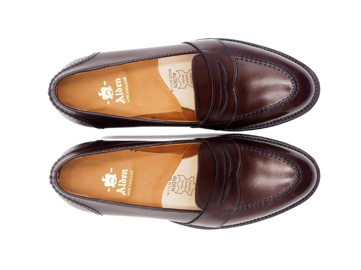 Top view of Alden full strap penny loafer in dark brown calf