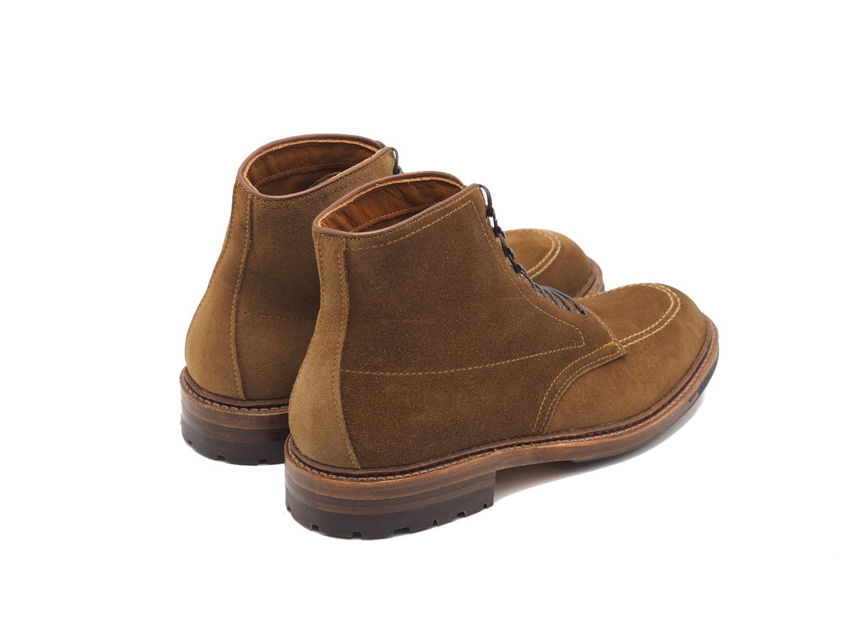 Back angle view of Alden Indy boot in snuff suede with commando sole