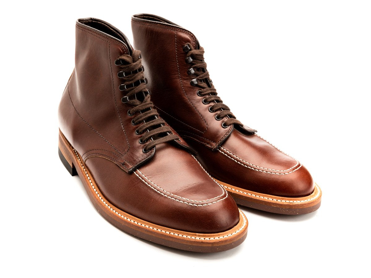 Front angle view of Alden Indy workboot in brown chromexcel