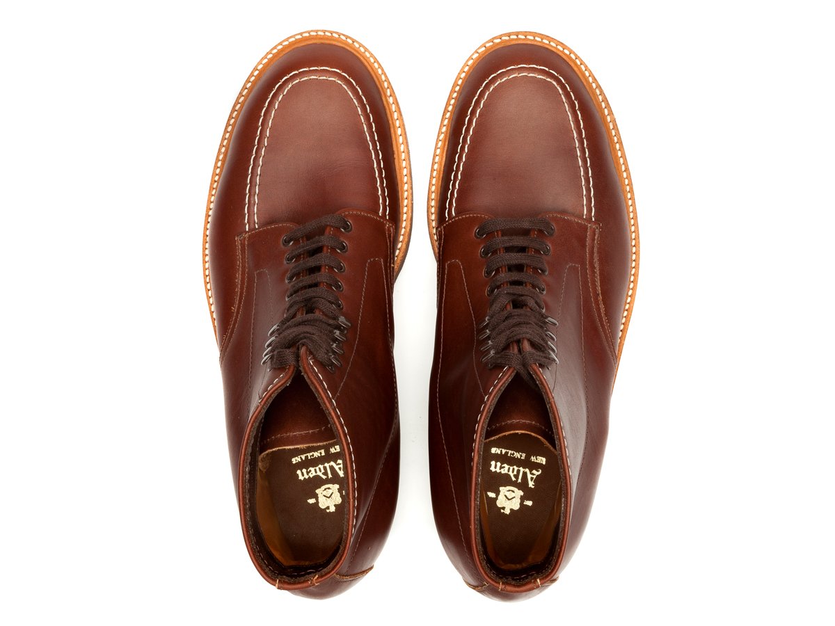 Top view of E width Alden Indy workboot in original brown chromexcel