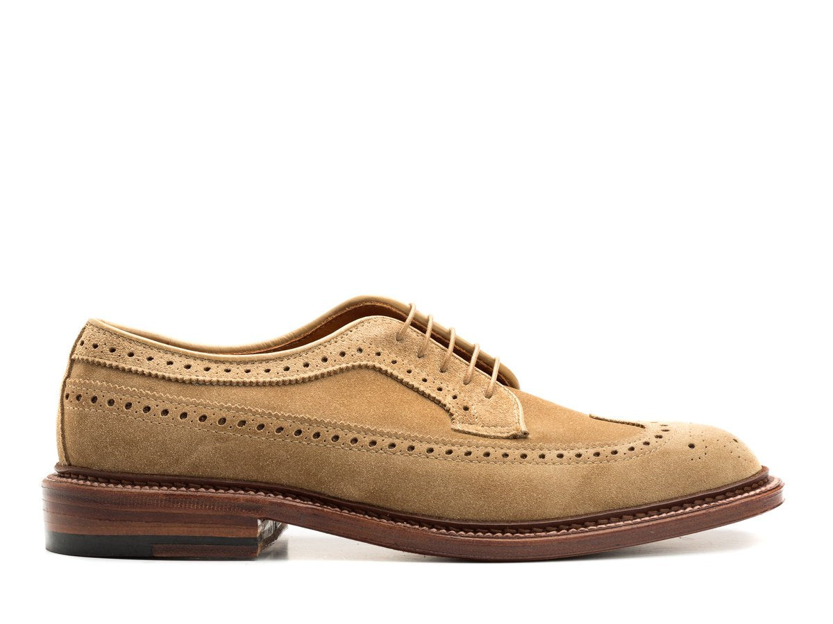 Side view of E width Alden longwing blucher shoes in tan suede