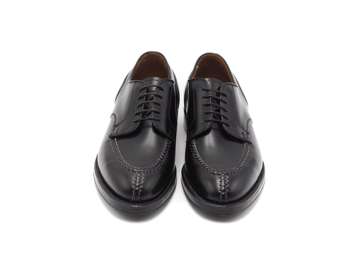 Front view of Alden Norwegian split toe blucher shoes in black shell cordovan