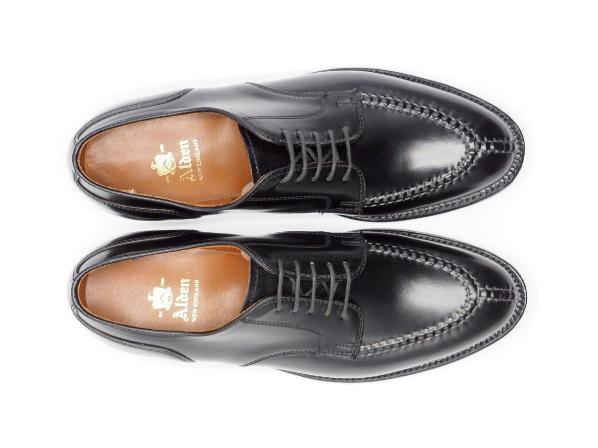 Top view of Alden Norwegian split toe blucher shoes in black shell cordovan