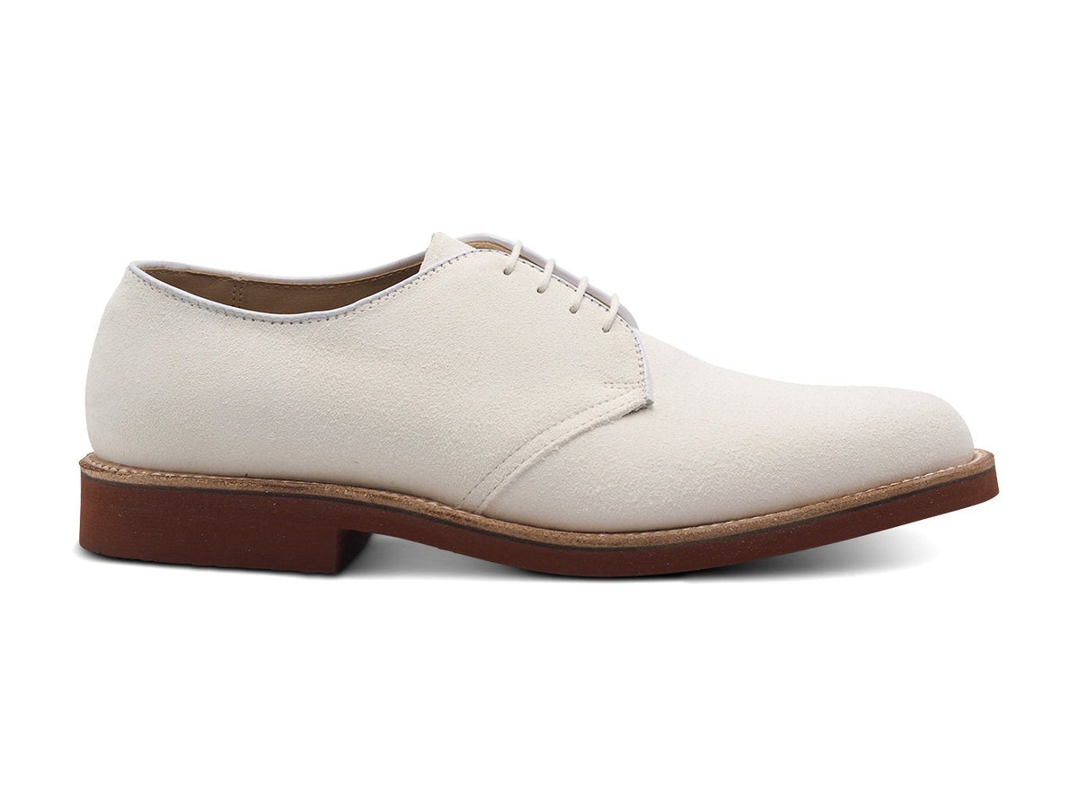 Side view of Alden plain toe blucher shoes in white buck