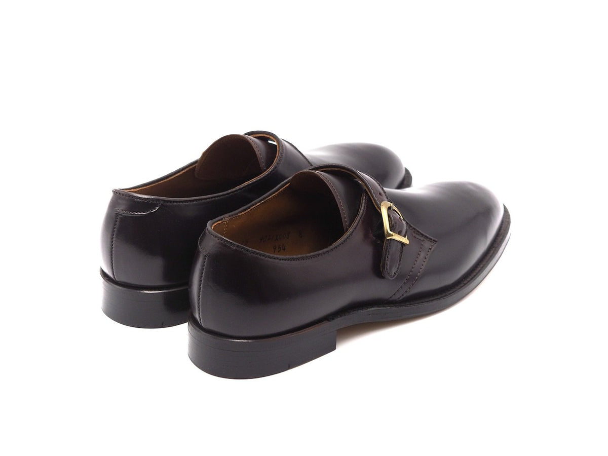 Back angle view of Alden single monk strap shoes in color 8 shell cordovan