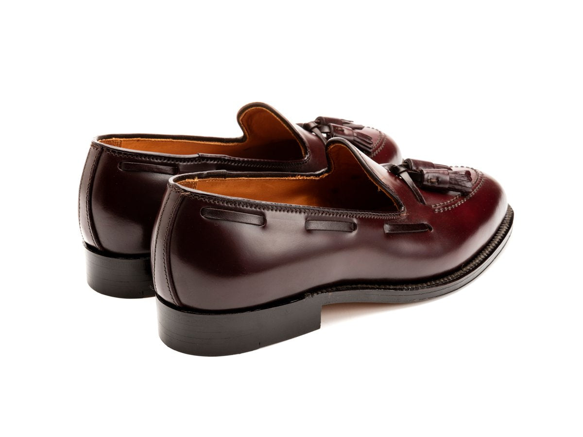Back angle view of Alden tassel moccasin loafer in color 8 shell cordovan
