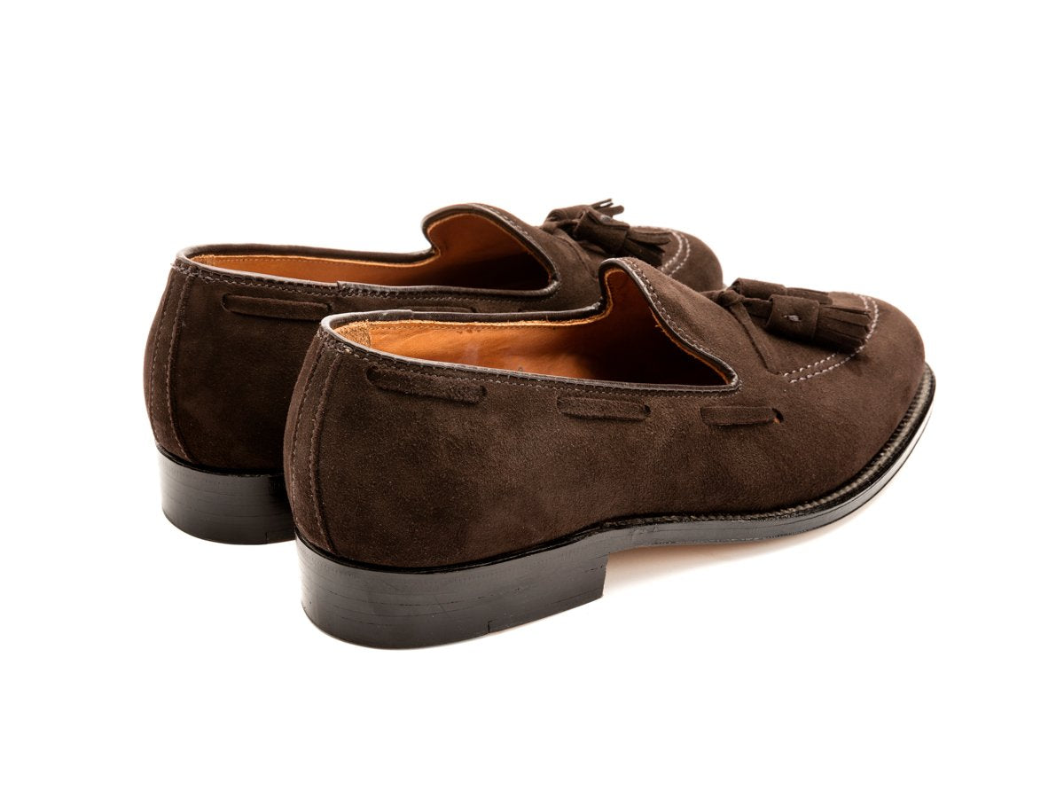 Back angle view of E width Alden tassel moccasin loafer in mocha kid suede