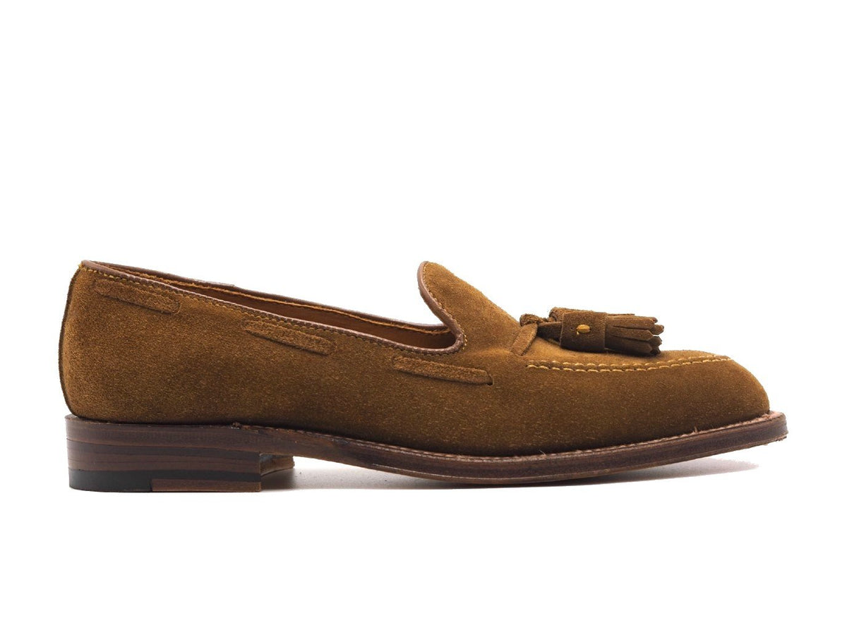 Side view of Alden tassel moccasin loafer in snuff suede