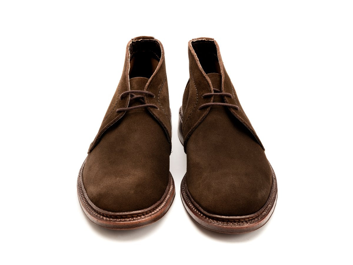 Front view of Alden unlined chukka boot in dark brown suede