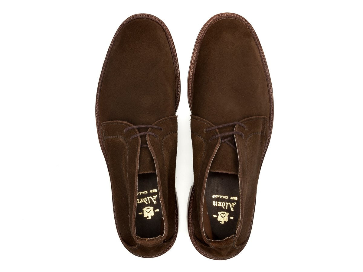 Top view of Alden unlined chukka boot in dark brown suede