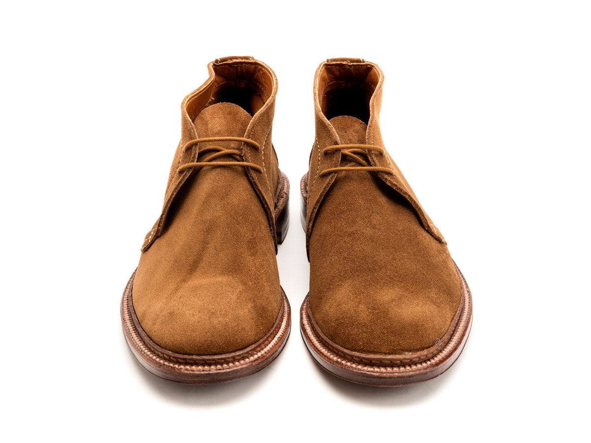 Front view of Alden unlined chukka boot in snuff suede