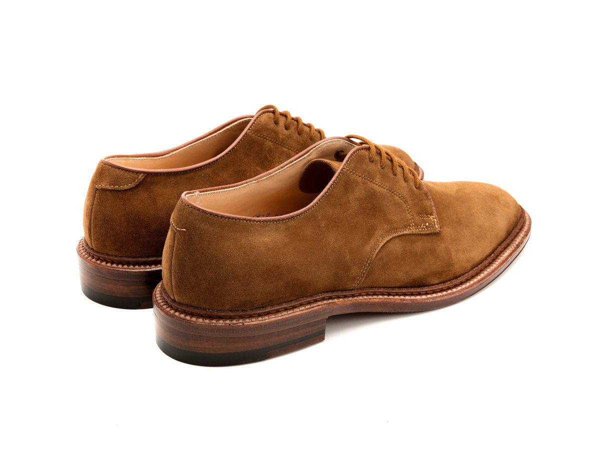Back angle view of Alden unlined Dover plain toe blucher shoes in snuff suede