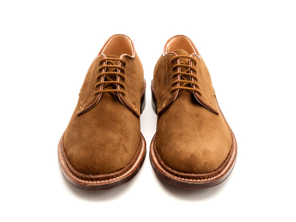 Front view of Alden unlined Dover plain toe blucher shoes in snuff suede