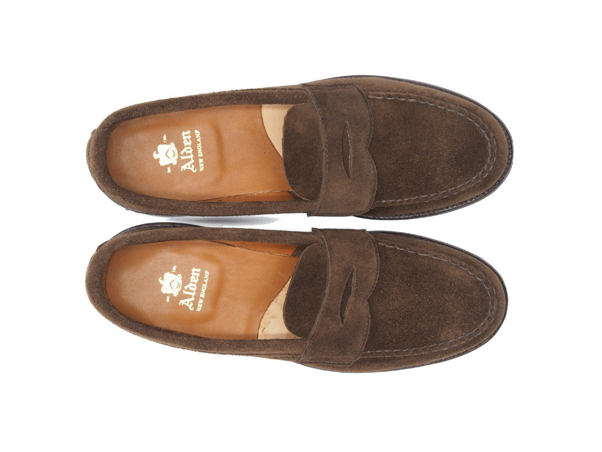 Top view of Alden unlined leisure handsewn penny loafer in dark brown suede