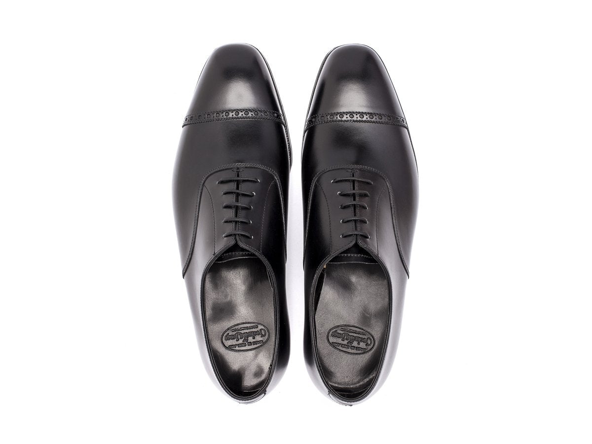 Top view of Crockett & Jones Belgrave quarter brogue oxford shoes in black calf