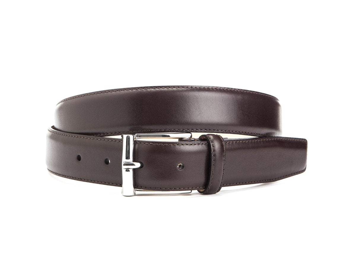 Front view of Crockett & Jones dark brown calf belt with nickel buckle