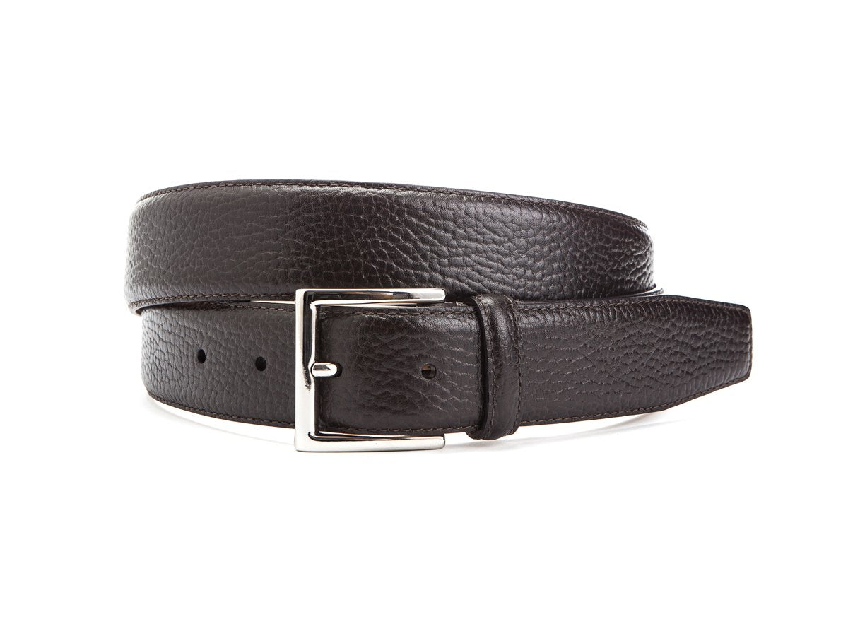 Front view of Crockett & Jones dark brown grain calf belt with nickel buckle