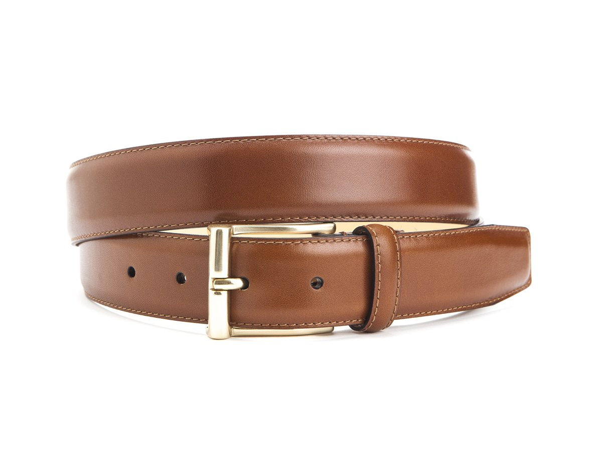 Front view of Crockett & Jones tan calf belt with brass buckle