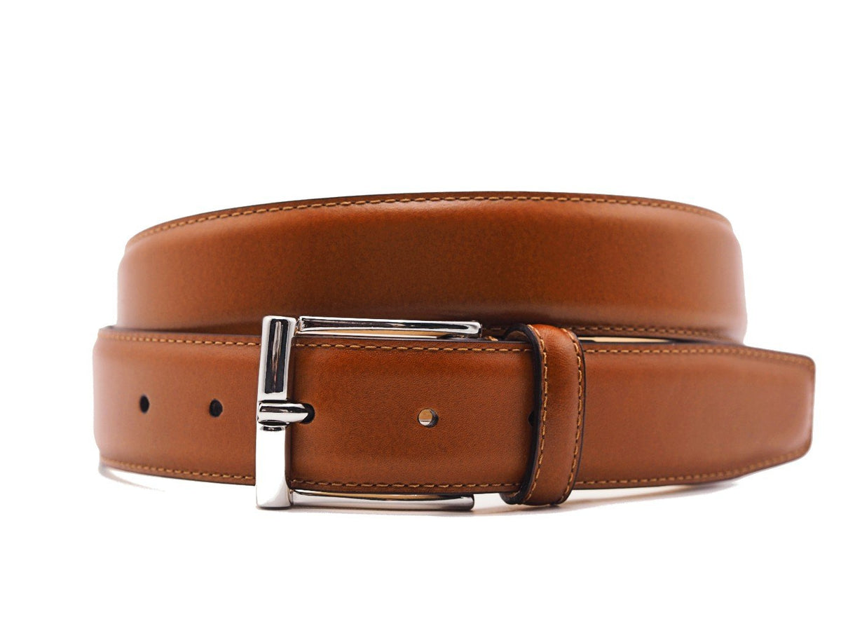 Front view of Crockett & Jones tan calf belt with nickel buckle