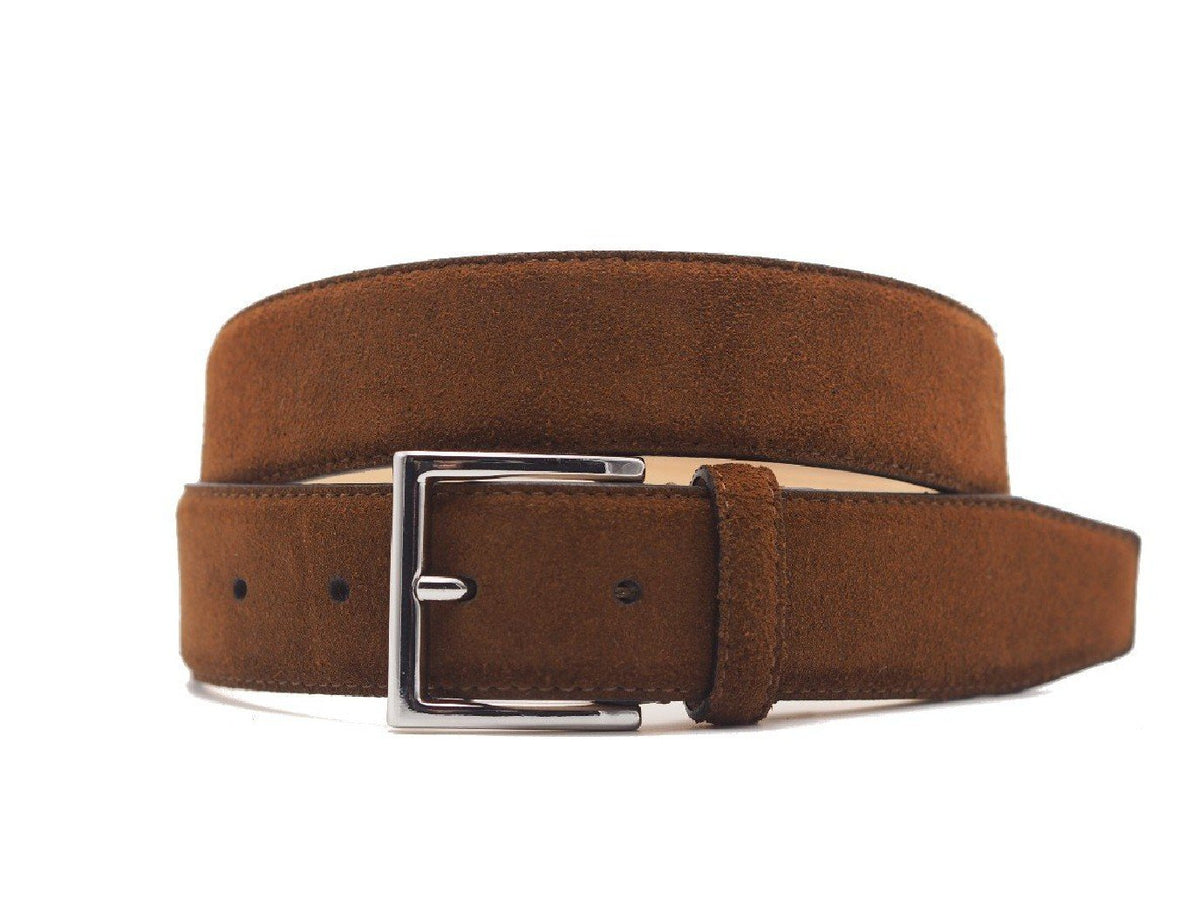 Front view of Crockett & Jones tobacco suede belt with nickel buckle