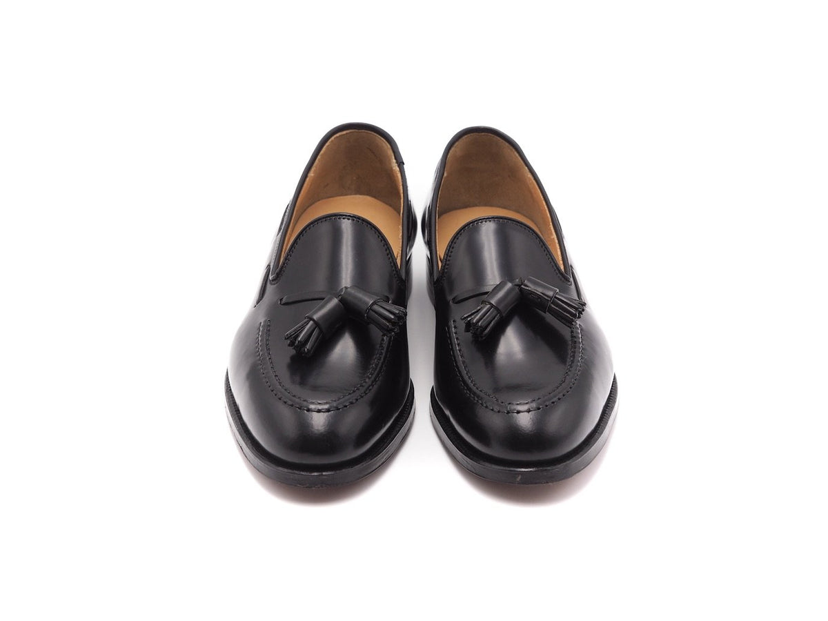 Front view of Crockett & Jones Cavendish tassel loafers in black shell cordovan