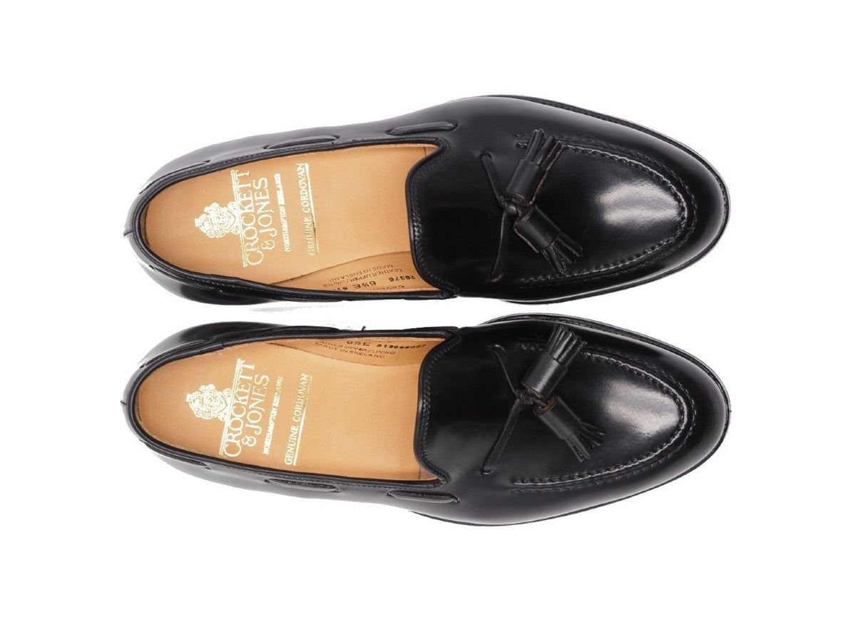 Top view of Crockett & Jones Cavendish tassel loafers in black shell cordovan