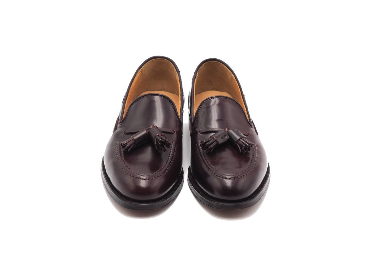 Front view of Crockett & Jones Cavendish tassel loafers in burgundy shell cordovan