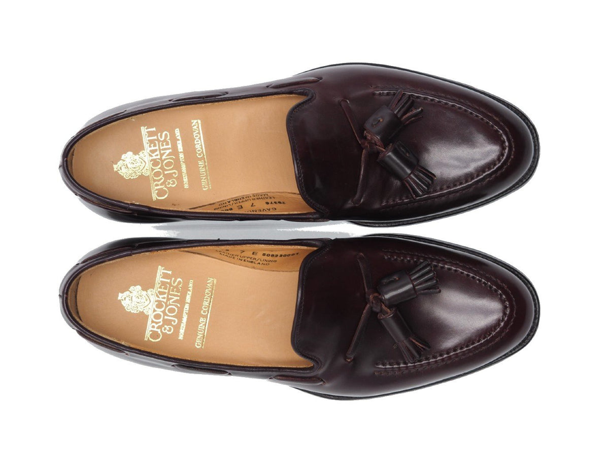 Top view of Crockett & Jones Cavendish tassel loafers in burgundy shell cordovan