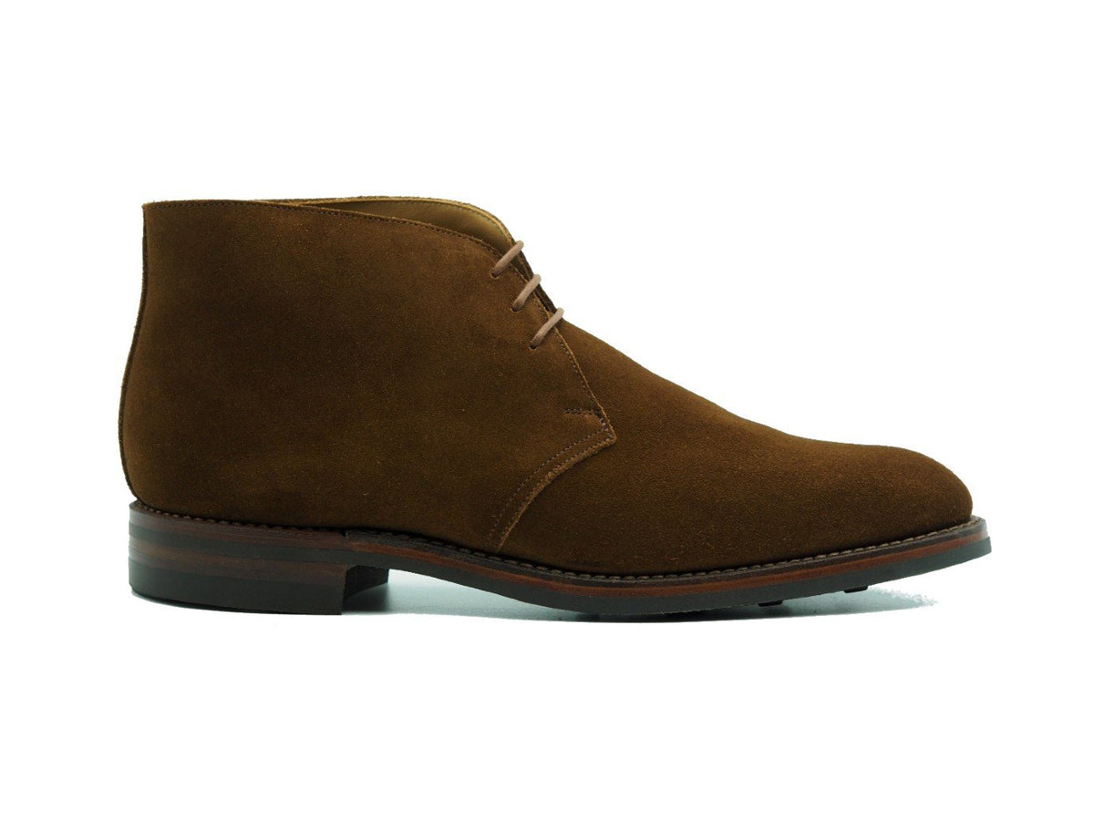 Side view of Crockett & Jones Chiltern chukka boots in snuff suede