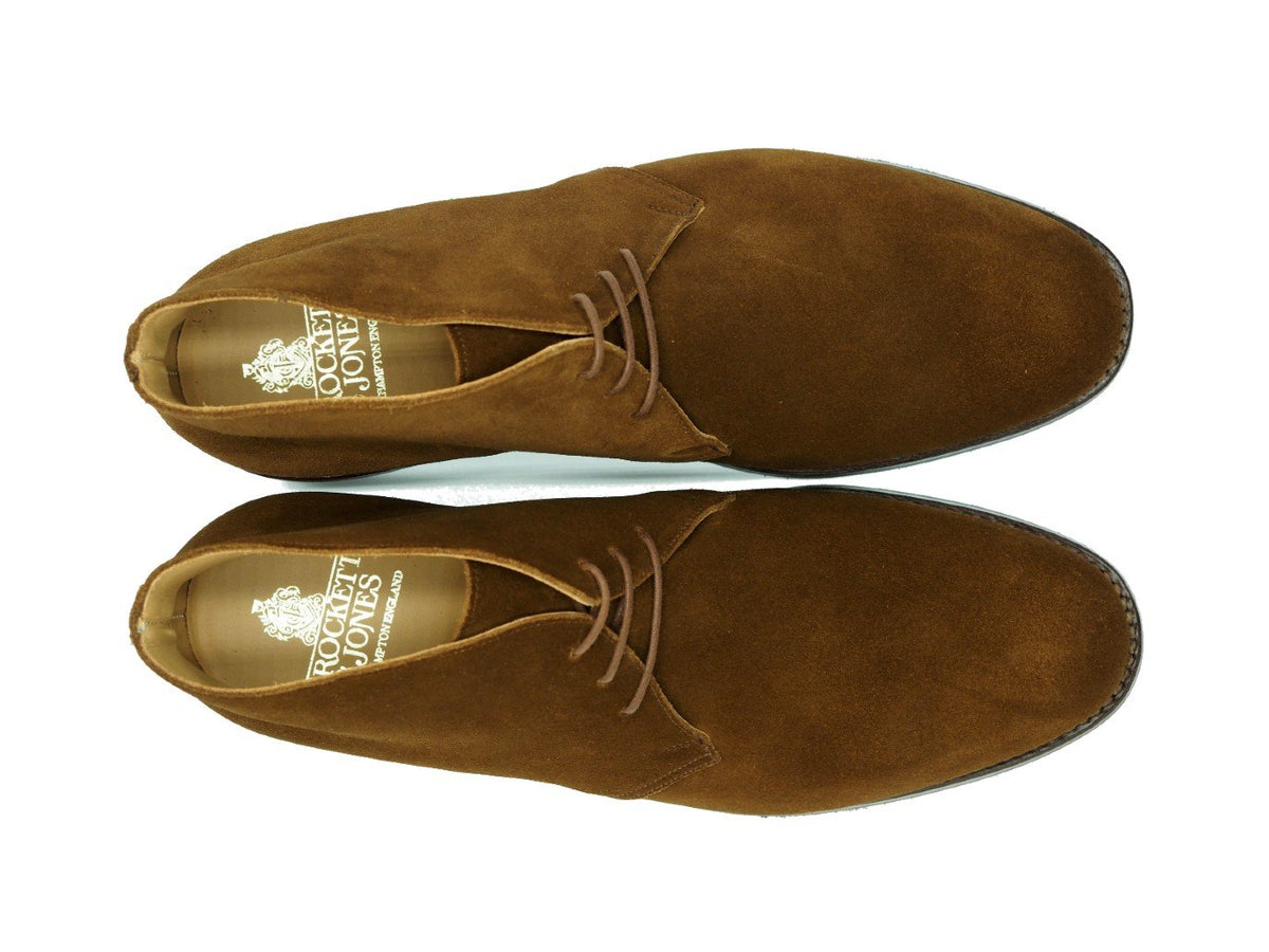 Top view of Crockett & Jones Chiltern chukka boots in snuff suede
