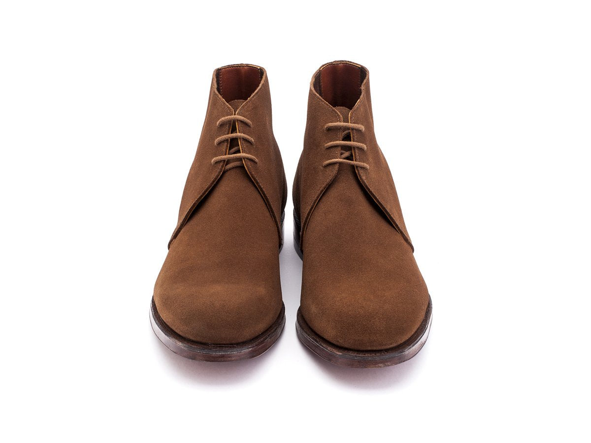 Front view of Crockett & Jones Chukka boots in snuff suede