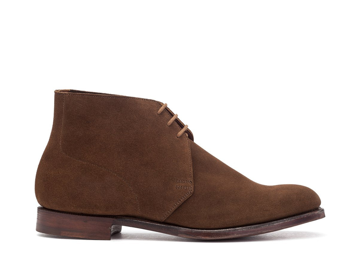 Side view of Crockett & Jones Chukka boots in snuff suede