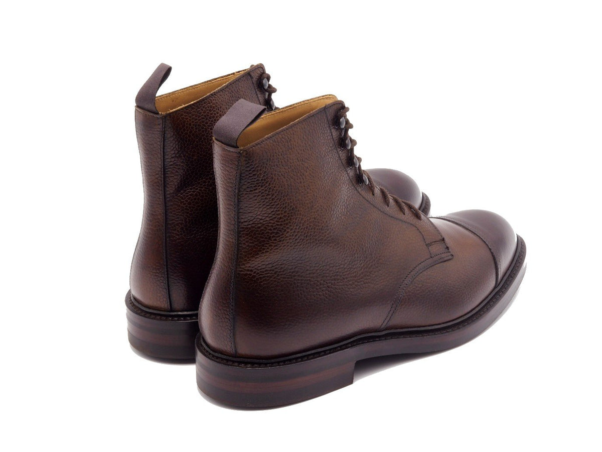 Back angle view of Crockett & Jones Coniston derby field boots in dark brown scotch grain calf