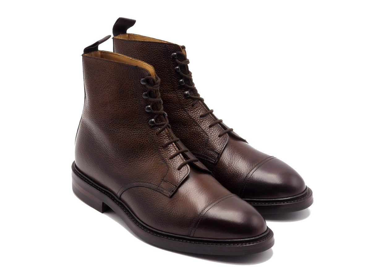 Front angle view of Crockett & Jones Coniston derby field boots in dark brown scotch grain calf