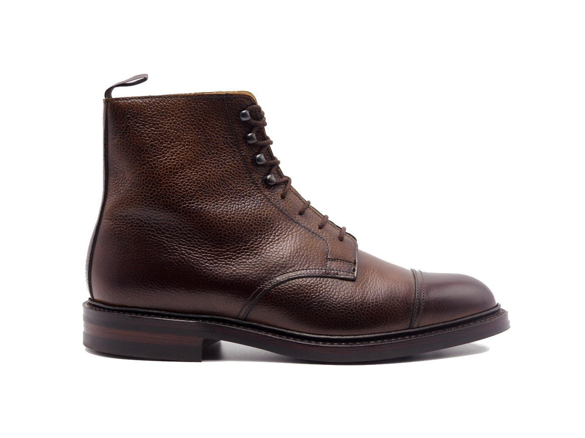 Side view of Crockett & Jones Coniston derby field boots in dark brown scotch grain calf