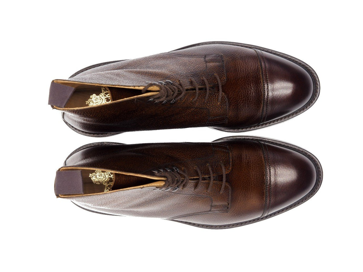 Top view of Crockett & Jones Coniston derby field boots in dark brown scotch grain calf