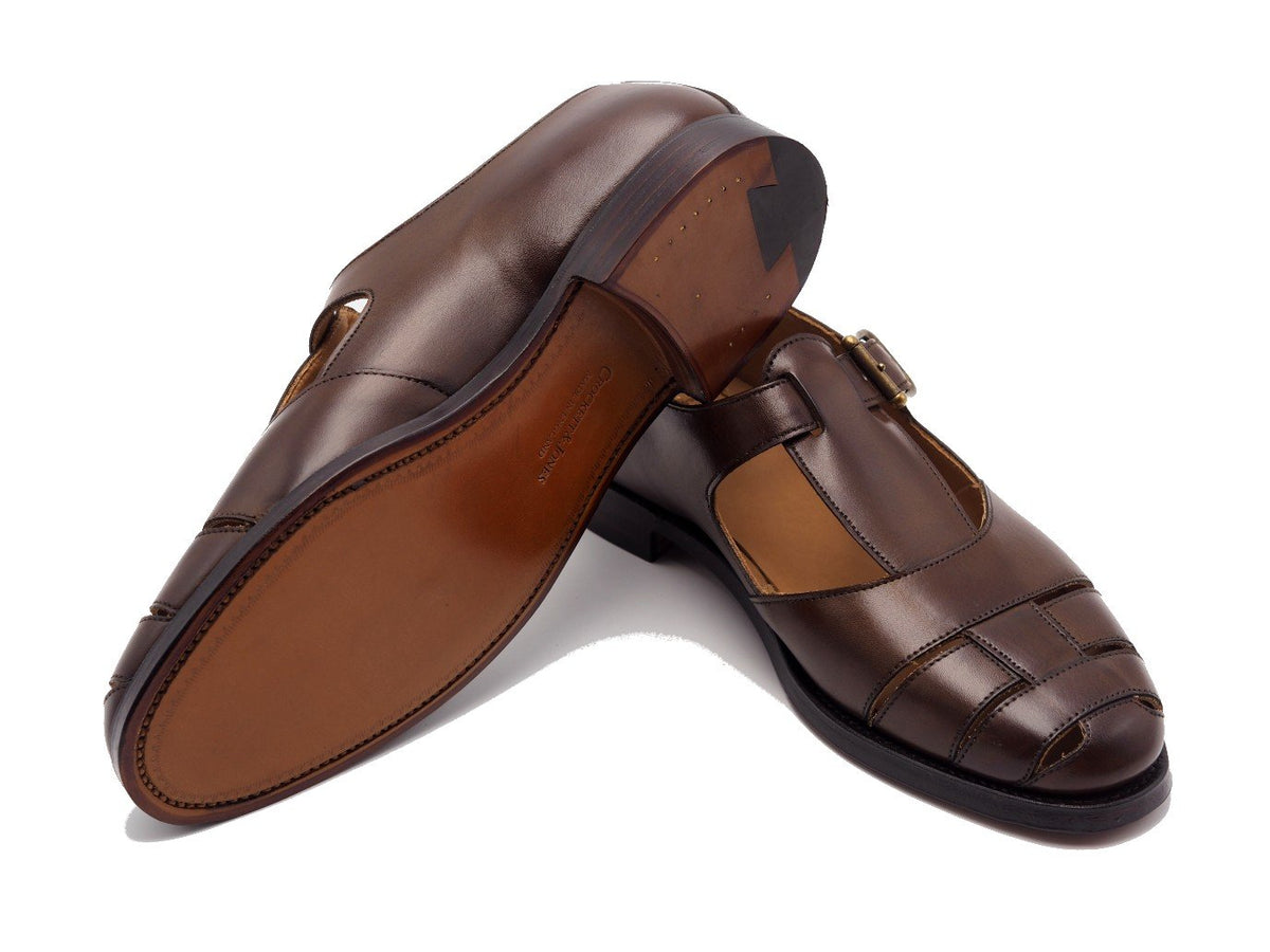 Leather sole of Crockett & Jones Fisherman sandals in dark brown burnished calf