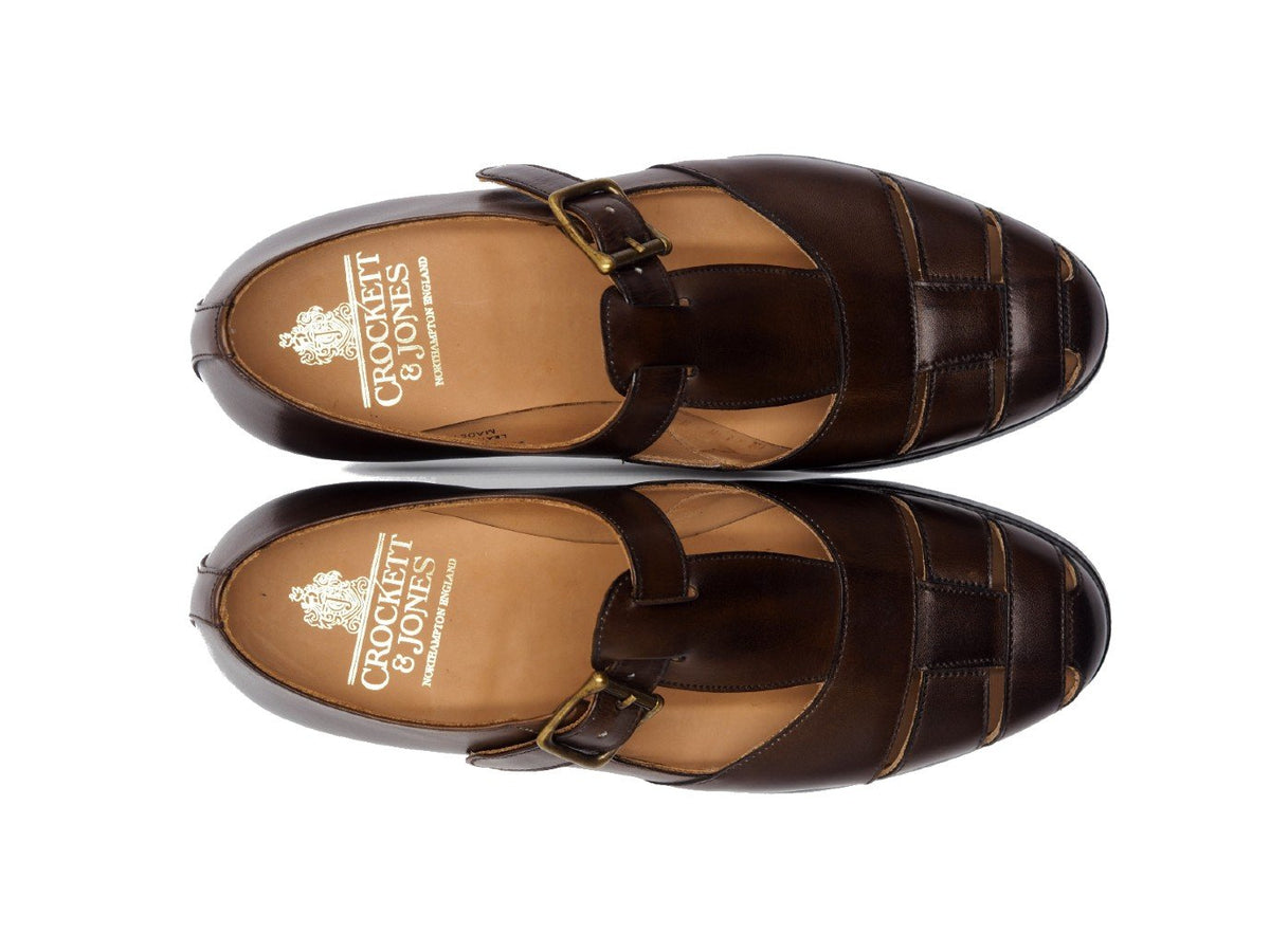 Top view of Crockett & Jones Fisherman sandals in dark brown burnished calf