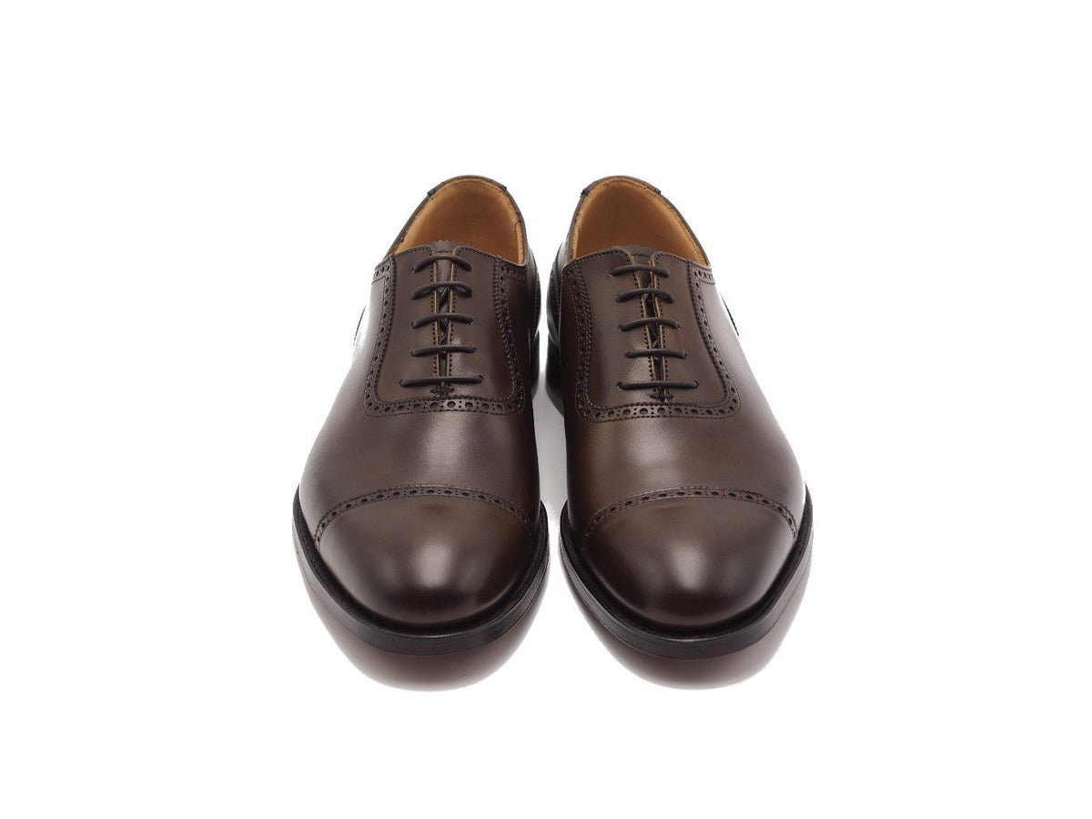 Front view of Crockett & Jones Macquarie adelaide brogue oxford shoes in dark brown burnished calf