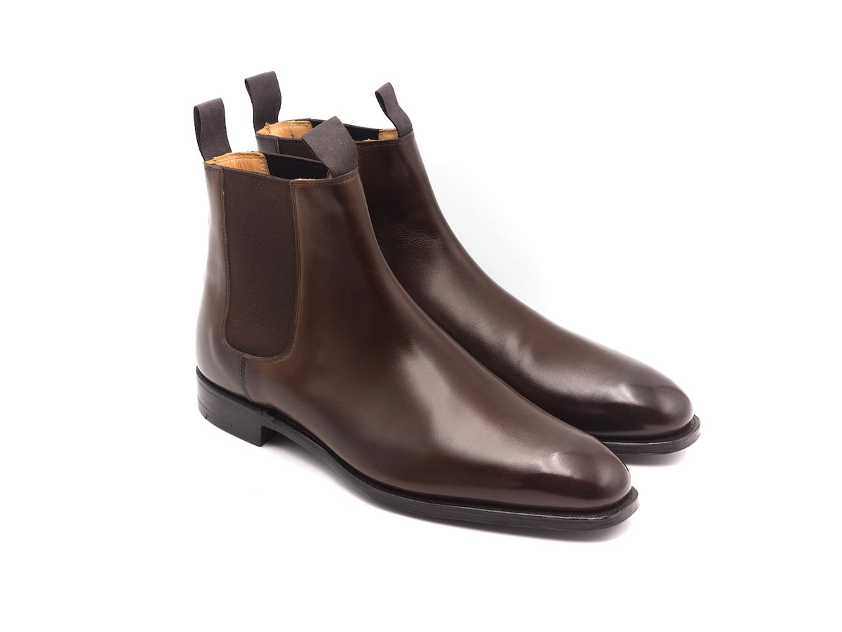 Front angle view of Crockett & Jones Maitland chelsea boots in dark brown antique calf