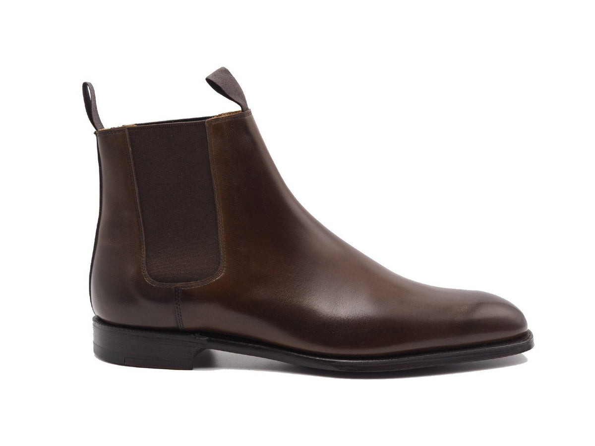Side view of Crockett & Jones Maitland chelsea boots in dark brown antique calf